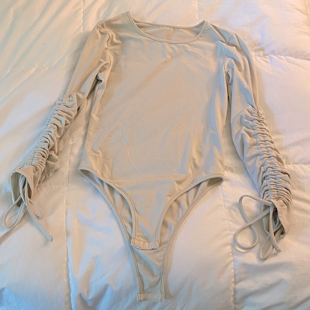 Bralette & Co Cream Long Sleeve Bodysuit with Rouched Sleeve Detail small